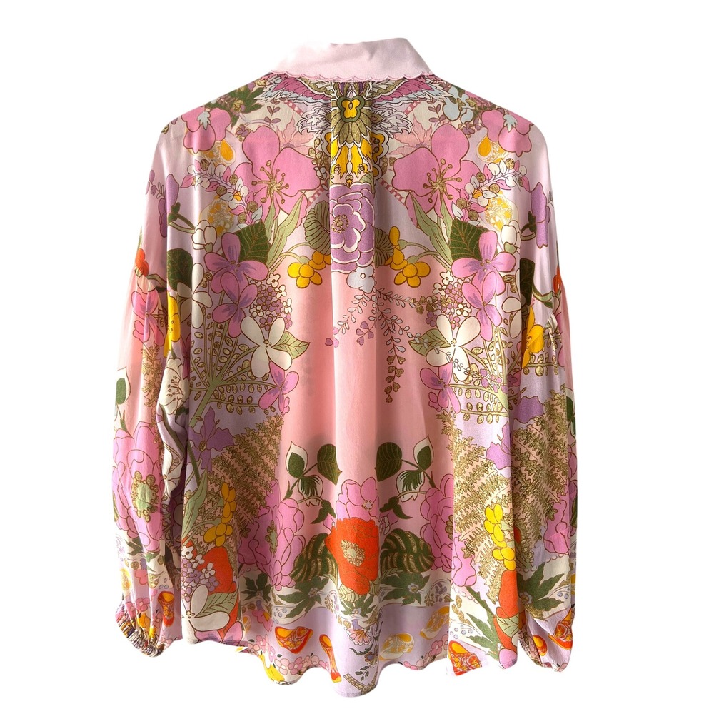 Camilla Kiss & Tell Curved Collar Blouse M Silk Crystal Floral Blouson Sleeve - Picture 3 of 11